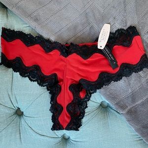 Victoria’s Secret red & black lace cheeky panty, crisscross detail, NEW w/ tags